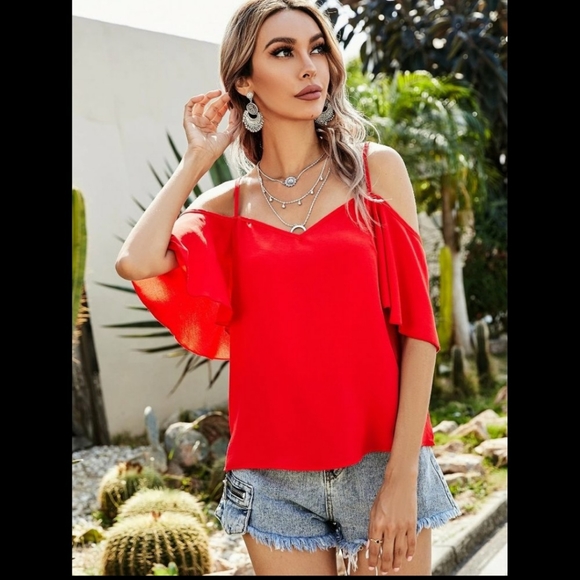 New Sale!!Red Cold Shoulder Blouse - Picture 5 of 5